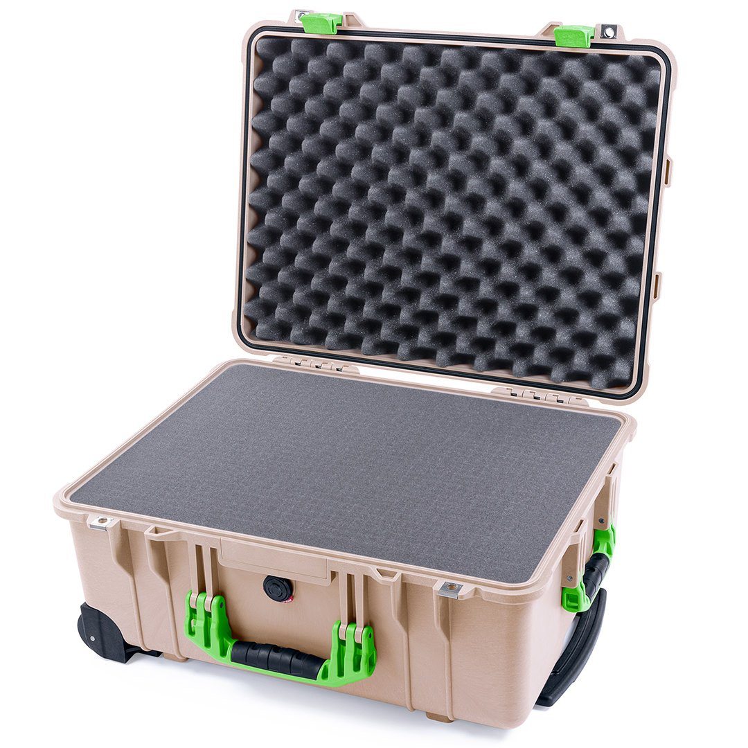 Pelican 1560 Case, Desert Tan with Lime Green Handles &amp; Latches Pick &amp; Pluck Foam with Convolute Lid Foam ColorCase 015600-0001-310-300310-300