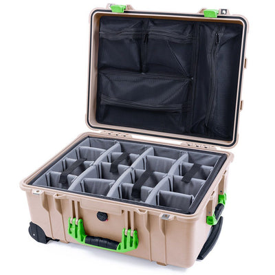 Pelican 1560 Case, Desert Tan with Lime Green Handles & Latches Gray Padded Microfiber Dividers with Mesh Lid Organizer ColorCase 015600-0170-310-300