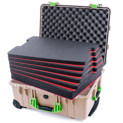 Pelican 1560 Case, Desert Tan with Lime Green Handles & Latches Custom Tool Kit (6 Foam Inserts with Convolute Lid Foam) ColorCase 015600-0060-310-300