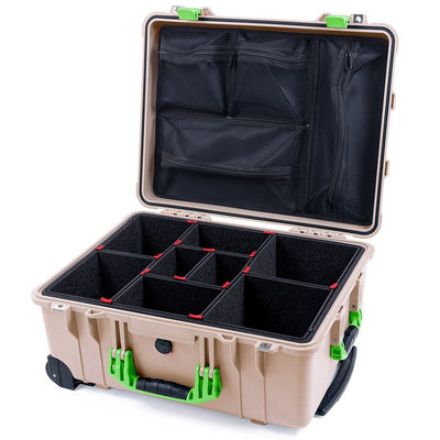 Pelican 1560 Case, Desert Tan with Lime Green Handles & Latches TrekPak Divider System with Mesh Lid Organizer ColorCase 015600-0120-310-300