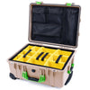 Pelican 1560 Case, Desert Tan with Lime Green Handles & Latches Yellow Padded Microfiber Dividers with Mesh Lid Organizer ColorCase 015600-0110-310-300
