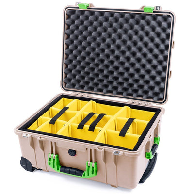 Pelican 1560 Case, Desert Tan with Lime Green Handles & Latches Yellow Padded Microfiber Dividers with Convolute Lid Foam ColorCase 015600-0010-310-300