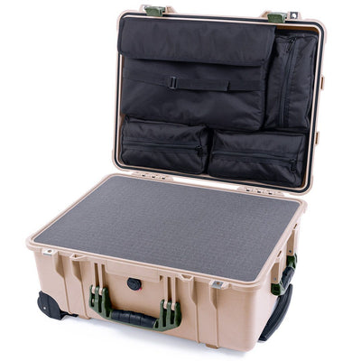 Pelican 1560 Case, Desert Tan with OD Green Handles & Latches Pick & Pluck Foam with Computer Pouch ColorCase 015600-0201-310-130