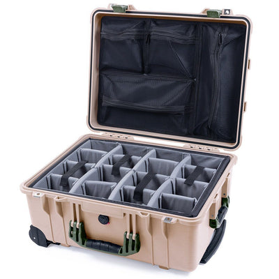 Pelican 1560 Case, Desert Tan with OD Green Handles & Latches Gray Padded Microfiber Dividers with Mesh Lid Organizer ColorCase 015600-0170-310-130
