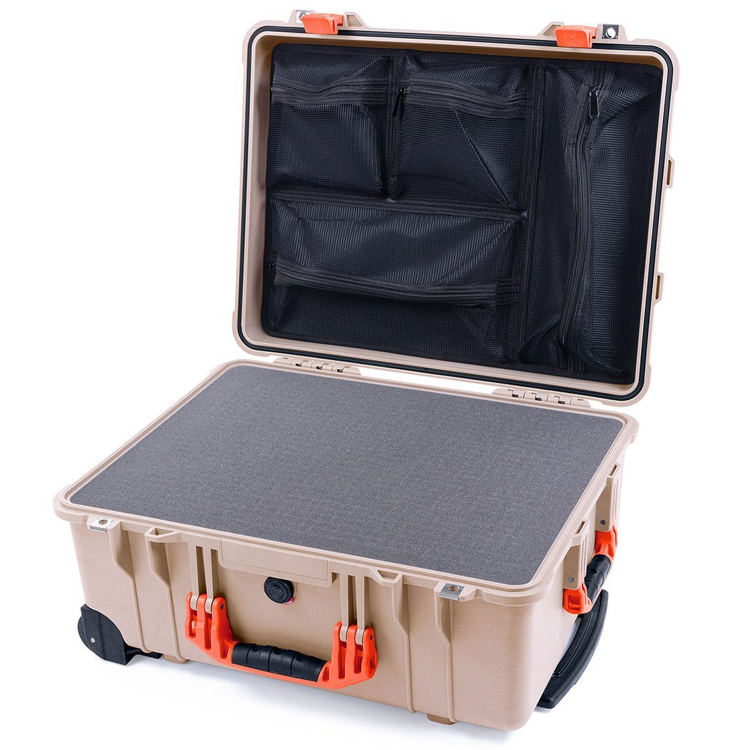 Pelican 1560 Case, Desert Tan with Orange Handles &amp; Latches Pick &amp; Pluck Foam with Mesh Lid Organizer ColorCase 015600-0101-310-150