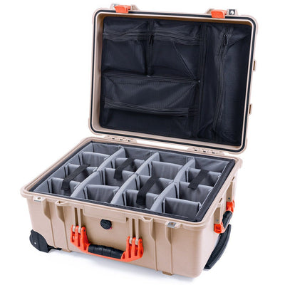 Pelican 1560 Case, Desert Tan with Orange Handles & Latches Gray Padded Microfiber Dividers with Mesh Lid Organizer ColorCase 015600-0170-310-150