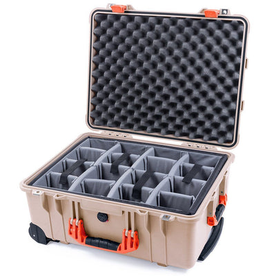 Pelican 1560 Case, Desert Tan with Orange Handles & Latches Gray Padded Microfiber Dividers with Convolute Lid Foam ColorCase 015600-0070-310-150