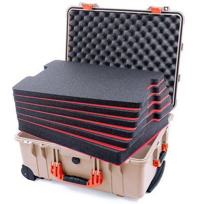 Pelican 1560 Case, Desert Tan with Orange Handles & Latches Custom Tool Kit (6 Foam Inserts with Convolute Lid Foam) ColorCase 015600-0060-310-150