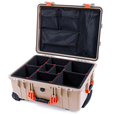 Pelican 1560 Case, Desert Tan with Orange Handles & Latches TrekPak Divider System with Mesh Lid Organizer ColorCase 015600-0120-310-150