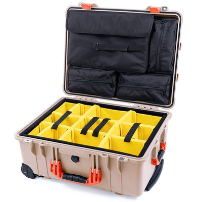 Pelican 1560 Case, Desert Tan with Orange Handles & Latches Yellow Padded Microfiber Dividers with Computer Pouch ColorCase 015600-0210-310-150