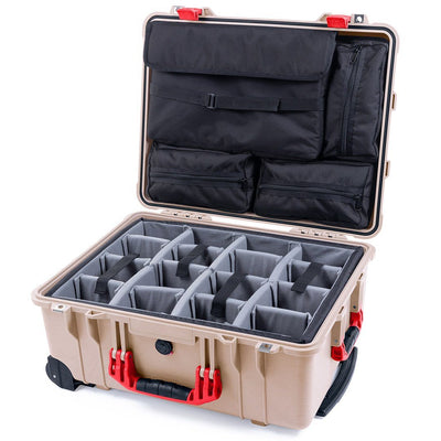 Pelican 1560 Case, Desert Tan with Red Handles & Latches Gray Padded Microfiber Dividers with Computer Pouch ColorCase 015600-0270-310-320