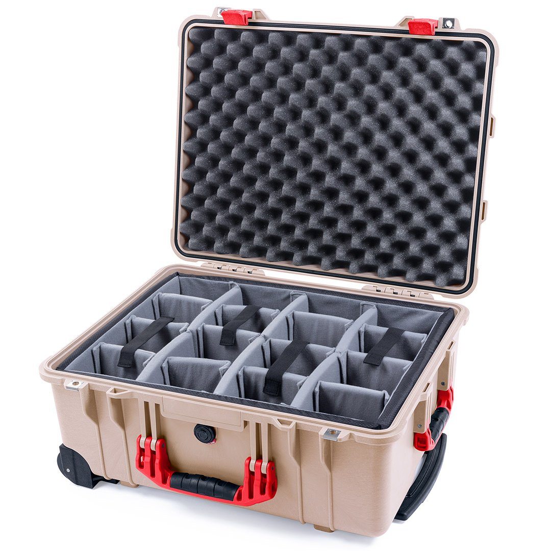 Pelican 1560 Case, Desert Tan with Red Handles &amp; Latches Gray Padded Microfiber Dividers with Convolute Lid Foam ColorCase 015600-0070-310-320