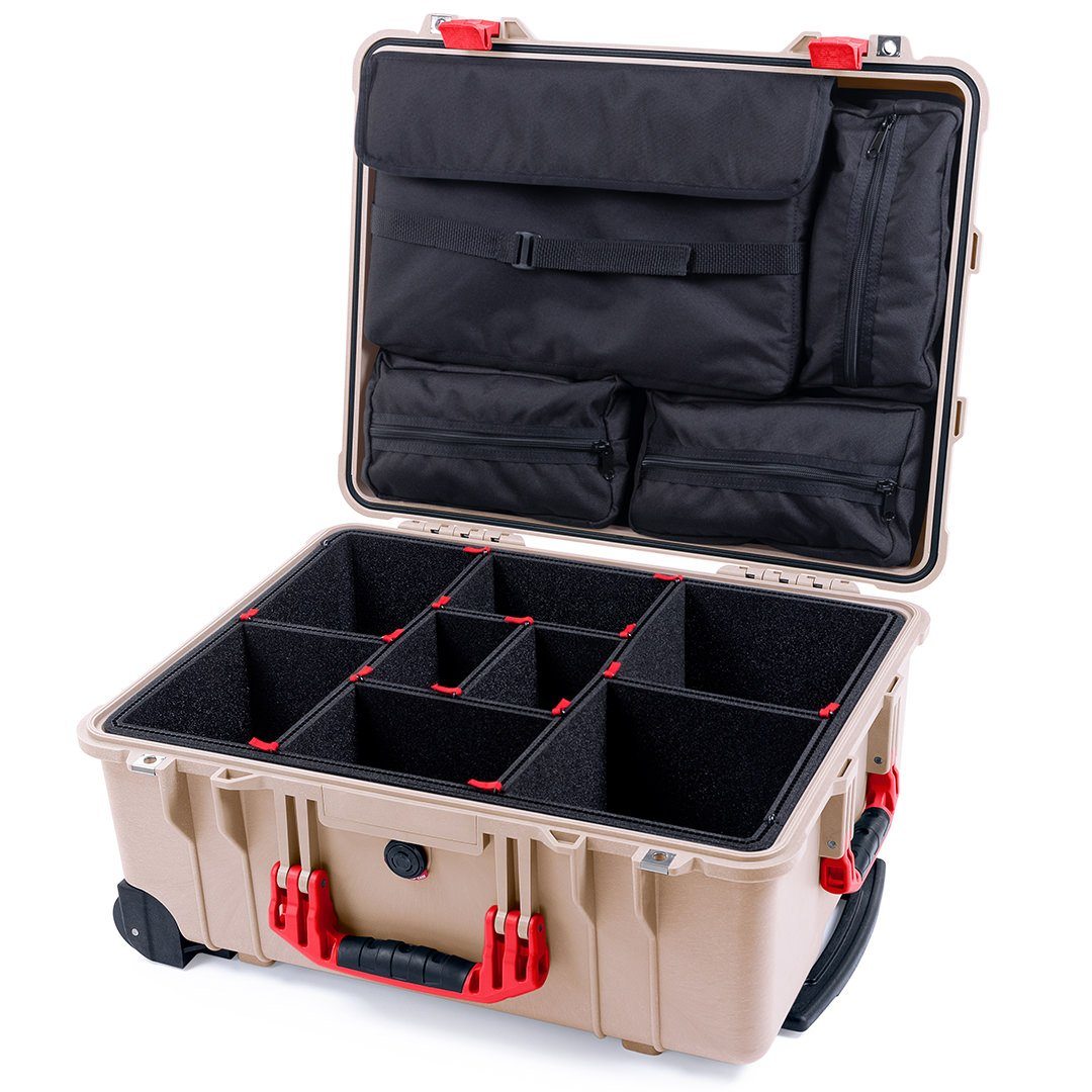 Pelican 1560 Case, Desert Tan with Red Handles & Latches TrekPak Divider System with Computer Pouch ColorCase 015600-0220-310-320