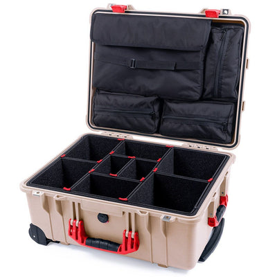 Pelican 1560 Case, Desert Tan with Red Handles & Latches TrekPak Divider System with Computer Pouch ColorCase 015600-0220-310-320