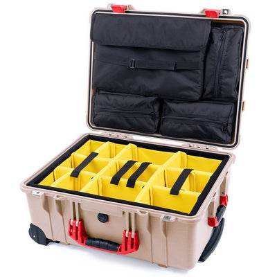 Pelican 1560 Case, Desert Tan with Red Handles & Latches Yellow Padded Microfiber Dividers with Computer Pouch ColorCase 015600-0210-310-320