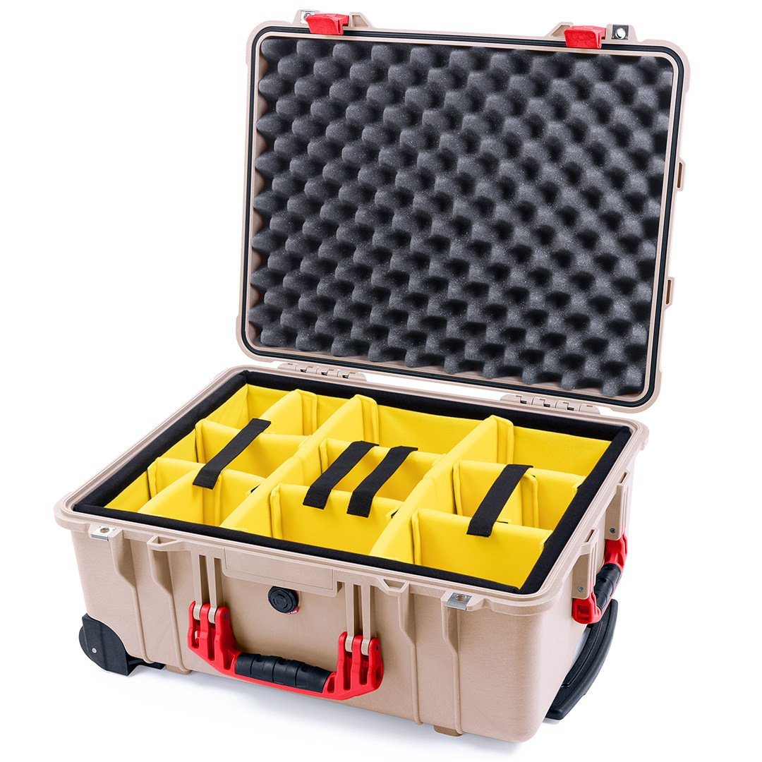 Pelican 1560 Case, Desert Tan with Red Handles &amp; Latches Yellow Padded Microfiber Dividers with Convolute Lid Foam ColorCase 015600-0010-310-320