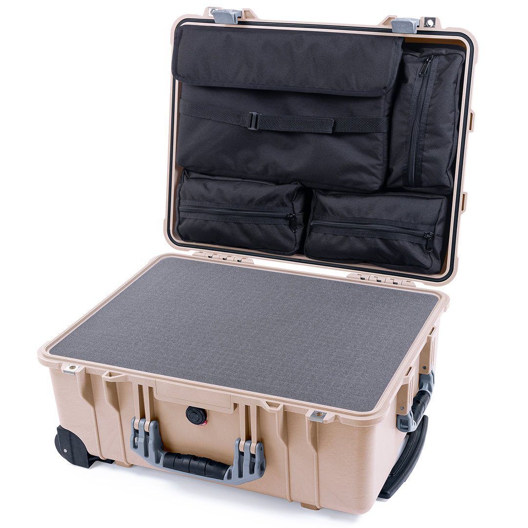 Pelican 1560 Case, Desert Tan with Silver Handles &amp; Latches Pick &amp; Pluck Foam with Computer Pouch ColorCase 015600-0201-310-180