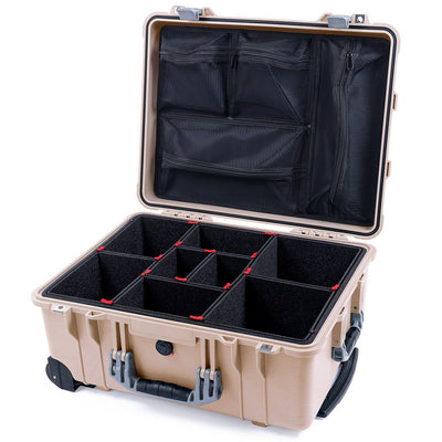 Pelican 1560 Case, Desert Tan with Silver Handles & Latches TrekPak Divider System with Mesh Lid Organizer ColorCase 015600-0120-310-180