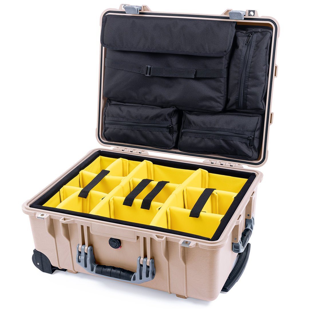 Pelican 1560 Case, Desert Tan with Silver Handles &amp; Latches Yellow Padded Microfiber Dividers with Computer Pouch ColorCase 015600-0210-310-180