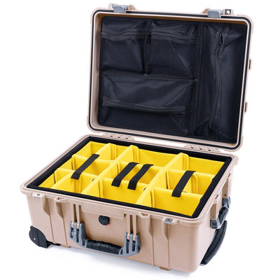 Pelican 1560 Case, Desert Tan with Silver Handles & Latches Yellow Padded Microfiber Dividers with Mesh Lid Organizer ColorCase 015600-0110-310-180