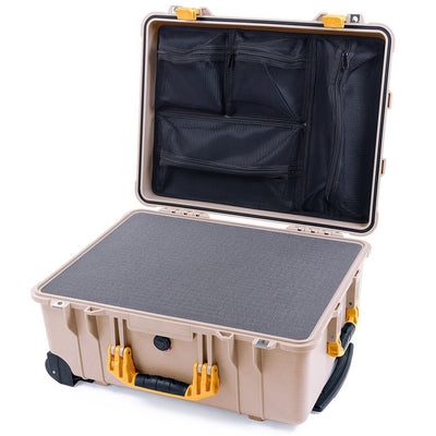 Pelican 1560 Case, Desert Tan with Yellow Handles & Latches Pick & Pluck Foam with Mesh Lid Organizer ColorCase 015600-0101-310-240