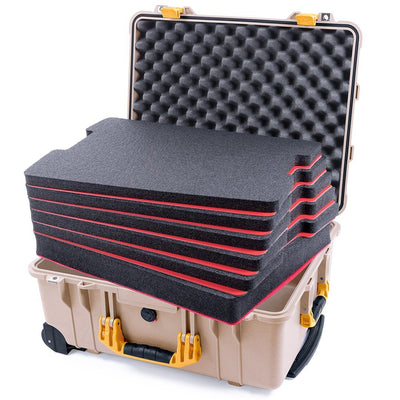 Pelican 1560 Case, Desert Tan with Yellow Handles & Latches Custom Tool Kit (6 Foam Inserts with Convolute Lid Foam) ColorCase 015600-0060-310-240