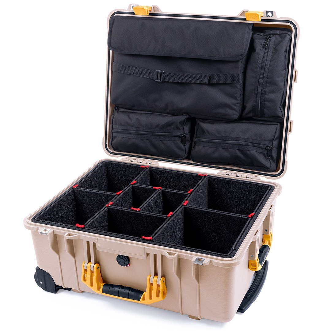 Pelican 1560 Case, Desert Tan with Yellow Handles &amp; Latches TrekPak Divider System with Computer Pouch ColorCase 015600-0220-310-240