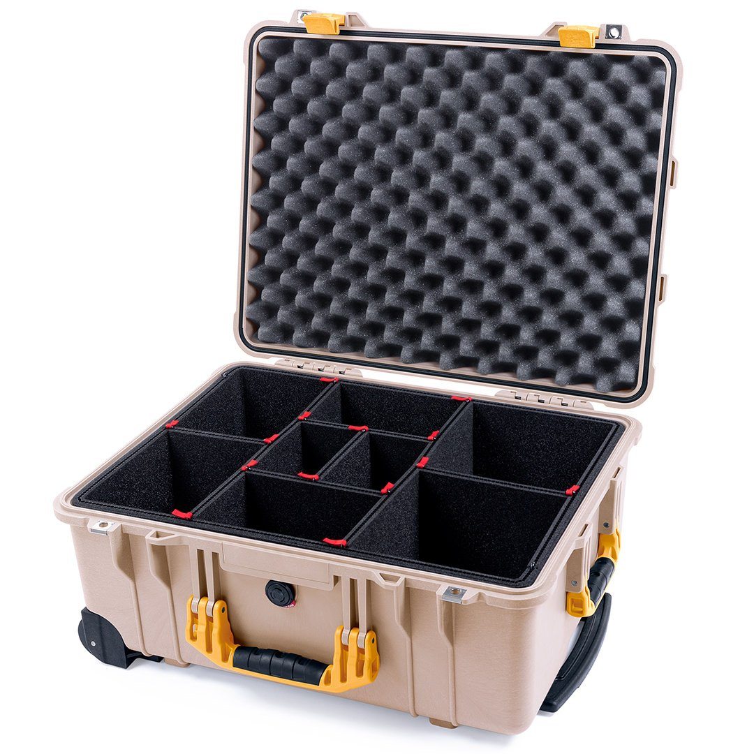 Pelican 1560 Case, Desert Tan with Yellow Handles &amp; Latches TrekPak Divider System with Convolute Lid Foam ColorCase 015600-0020-310-240