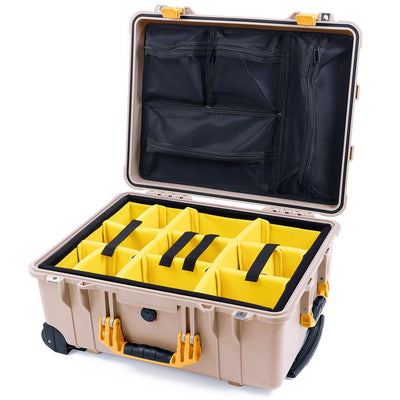 Pelican 1560 Case, Desert Tan with Yellow Handles & Latches Yellow Padded Microfiber Dividers with Mesh Lid Organizer ColorCase 015600-0110-310-240