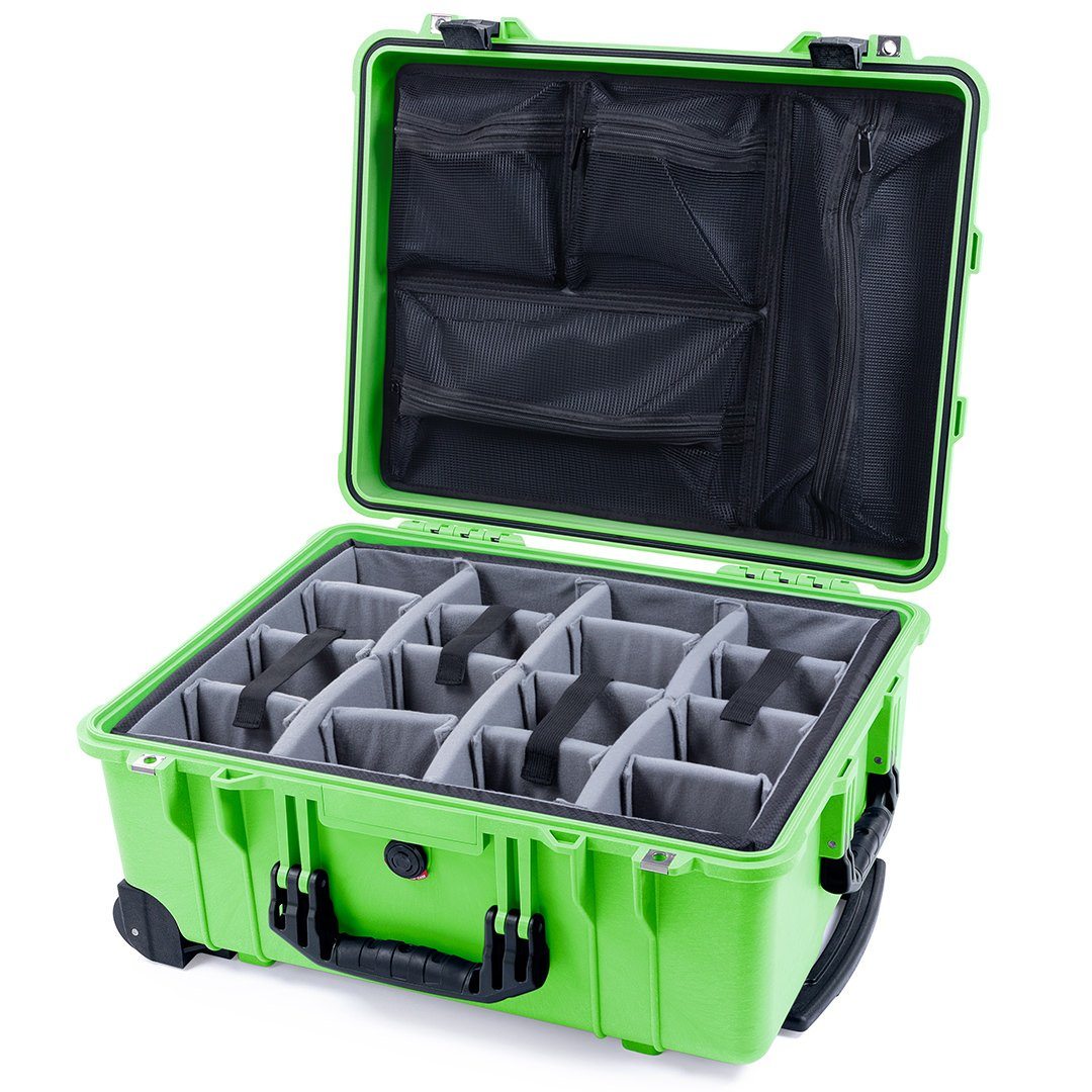 Pelican 1560 Case, Lime Green with Black Handles &amp; Latches Gray Padded Microfiber Dividers with Mesh Lid Organizer ColorCase 015600-0170-300-110