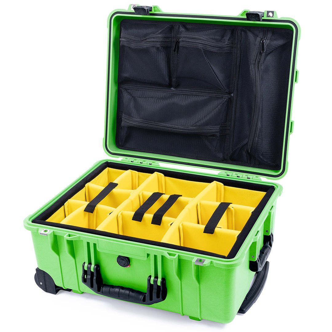 Pelican 1560 Case, Lime Green with Black Handles &amp; Latches Yellow Padded Microfiber Dividers with Mesh Lid Organizer ColorCase 015600-0110-300-110