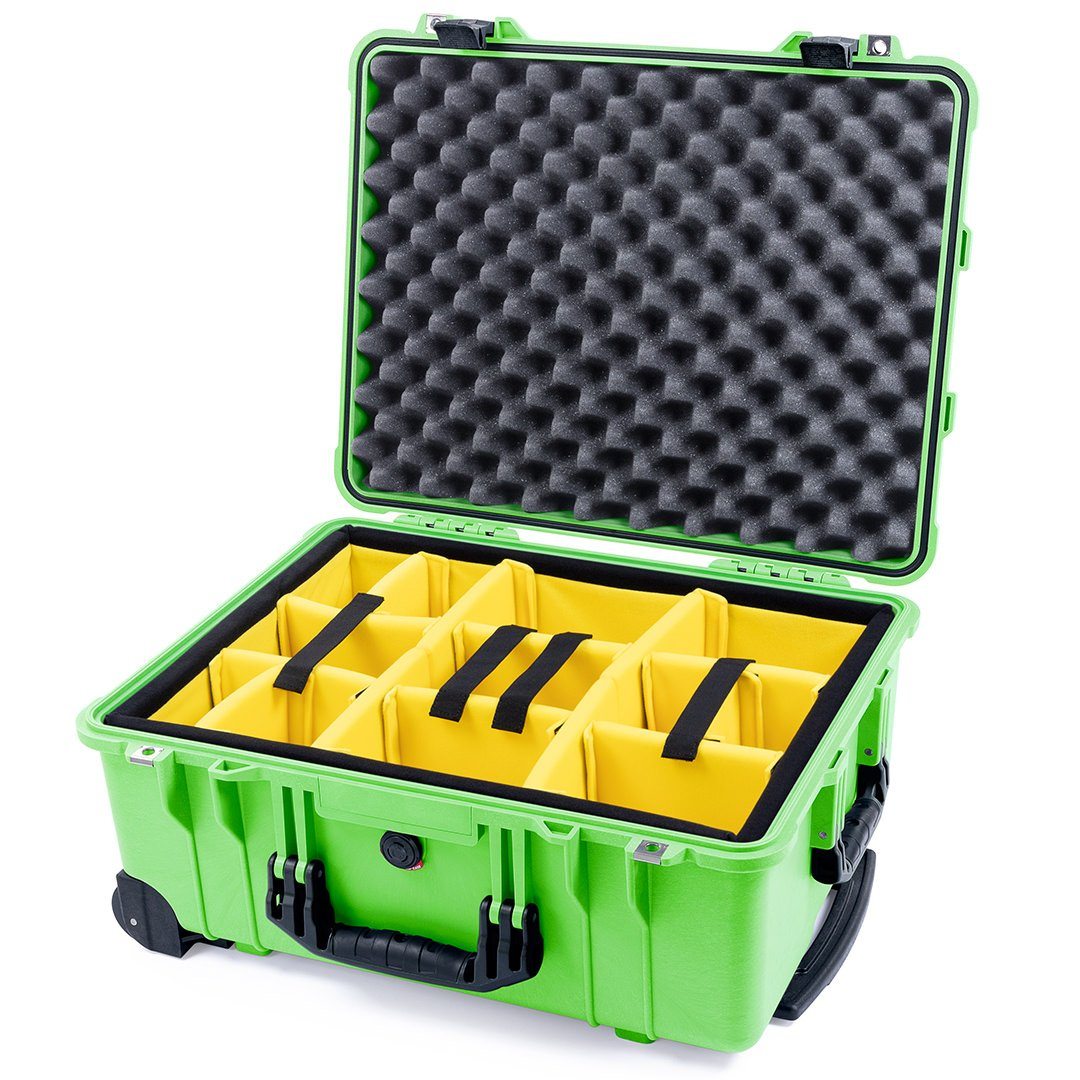 Pelican 1560 Case, Lime Green with Black Handles &amp; Latches Yellow Padded Microfiber Dividers with Convolute Lid Foam ColorCase 015600-0010-300-110