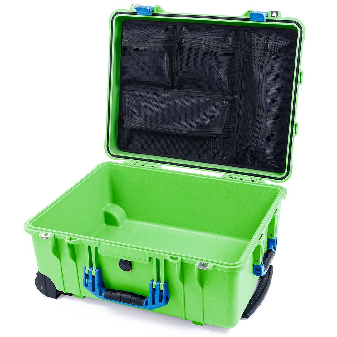 Pelican 1560 Case, Lime Green with Blue Handles &amp; Latches Mesh Lid Organizer Only ColorCase 015600-0100-300-120