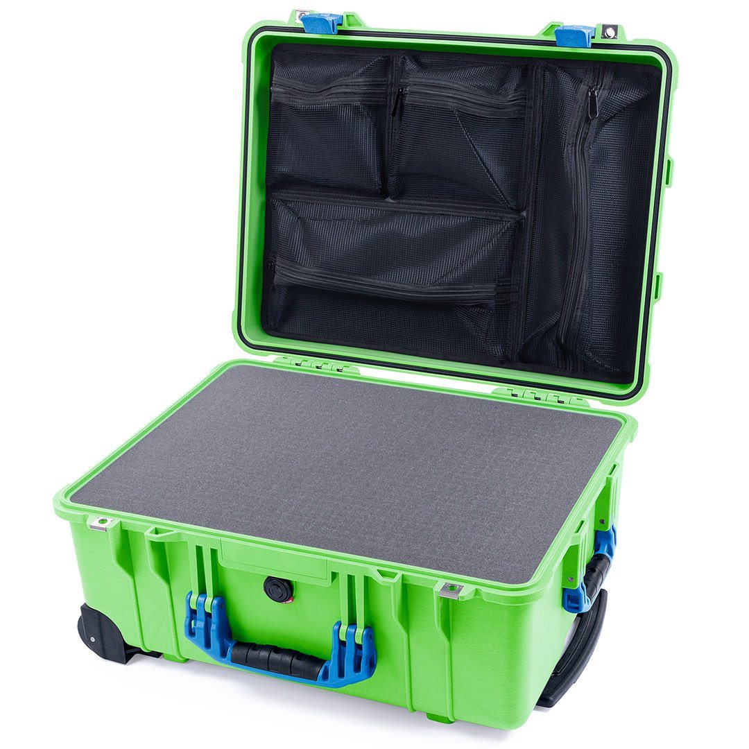 Pelican 1560 Case, Lime Green with Blue Handles &amp; Latches Pick &amp; Pluck Foam with Mesh Lid Organizer ColorCase 015600-0101-300-120