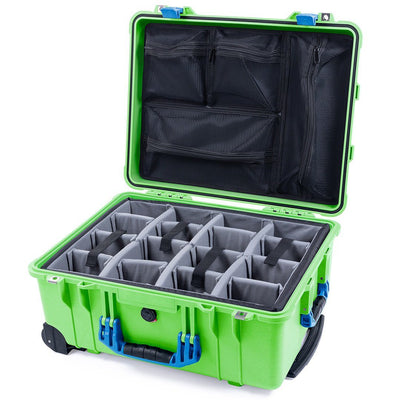 Pelican 1560 Case, Lime Green with Blue Handles & Latches Gray Padded Microfiber Dividers with Mesh Lid Organizer ColorCase 015600-0170-300-120