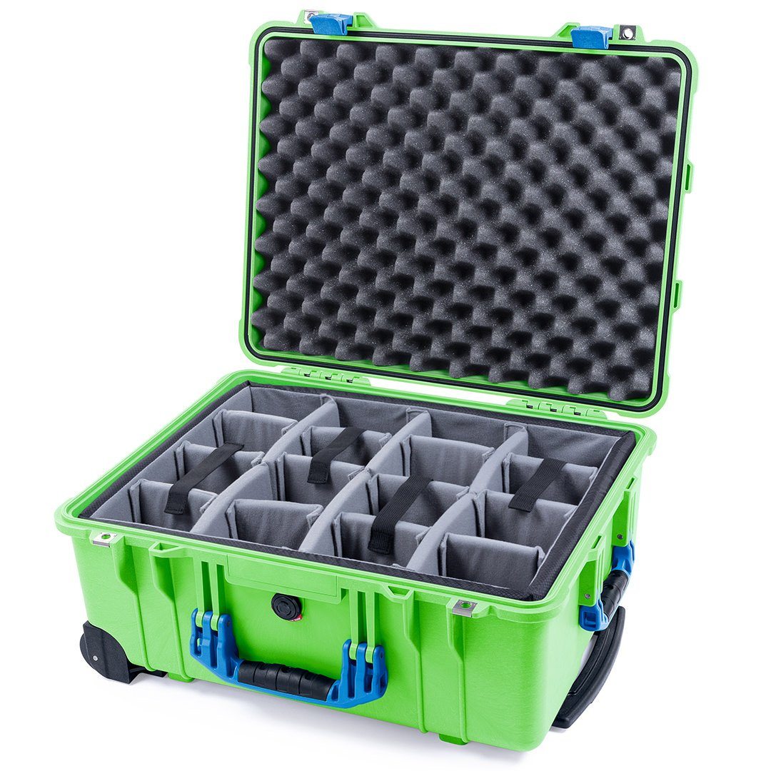 Pelican 1560 Case, Lime Green with Blue Handles &amp; Latches Gray Padded Microfiber Dividers with Convolute Lid Foam ColorCase 015600-0070-300-120