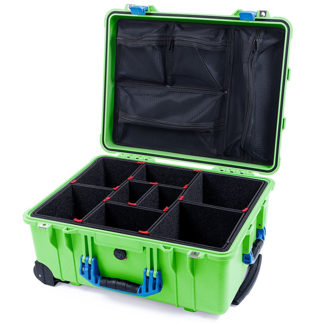 Pelican 1560 Case, Lime Green with Blue Handles &amp; Latches TrekPak Divider System with Mesh Lid Organizer ColorCase 015600-0120-300-120