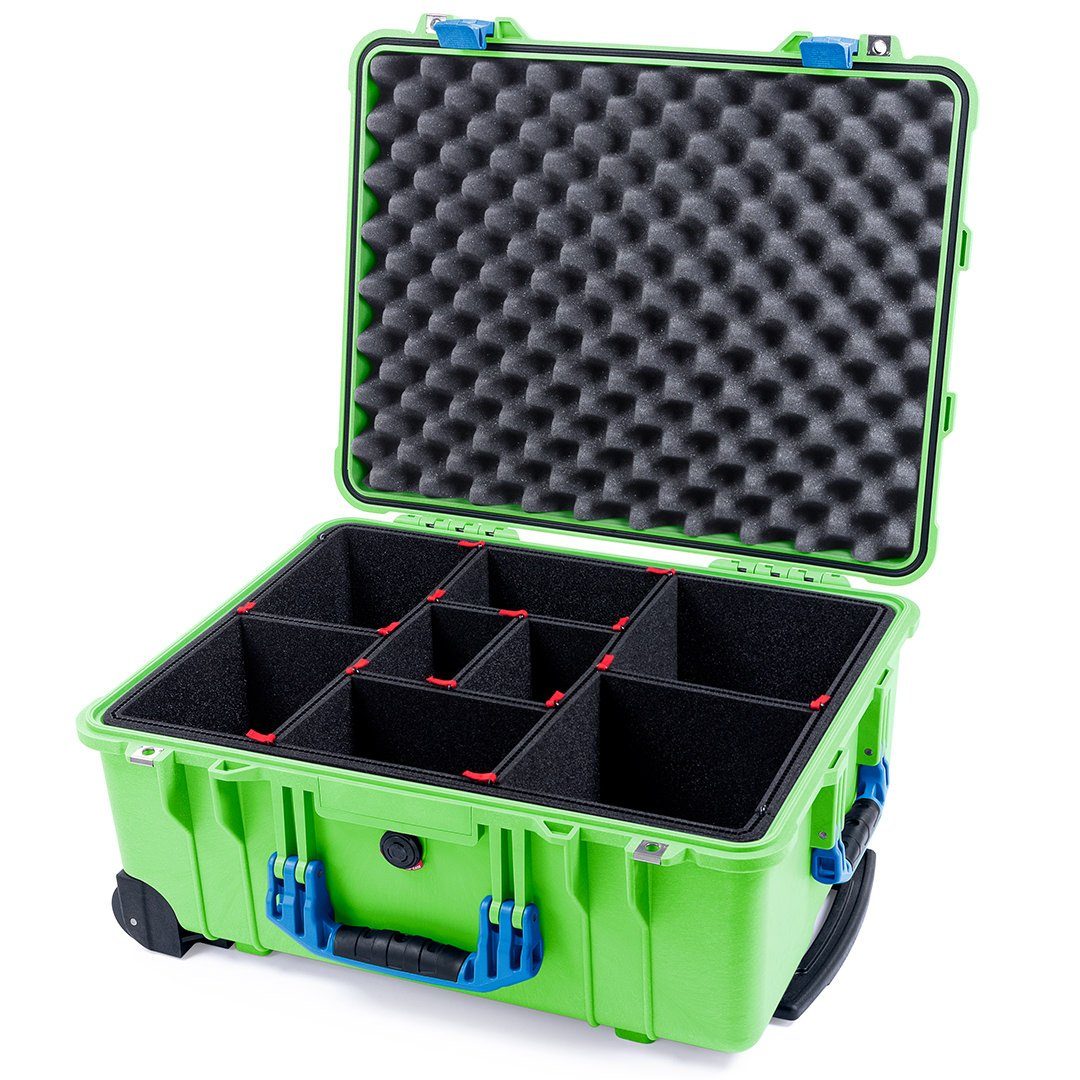 Pelican 1560 Case, Lime Green with Blue Handles &amp; Latches TrekPak Divider System with Convolute Lid Foam ColorCase 015600-0020-300-120