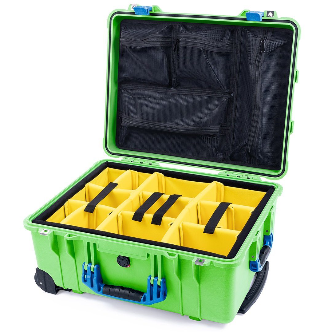 Pelican 1560 Case, Lime Green with Blue Handles &amp; Latches Yellow Padded Microfiber Dividers with Mesh Lid Organizer ColorCase 015600-0110-300-120