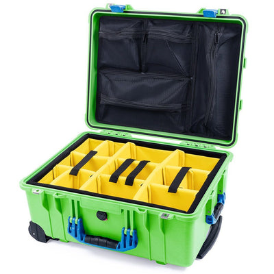 Pelican 1560 Case, Lime Green with Blue Handles & Latches Yellow Padded Microfiber Dividers with Mesh Lid Organizer ColorCase 015600-0110-300-120