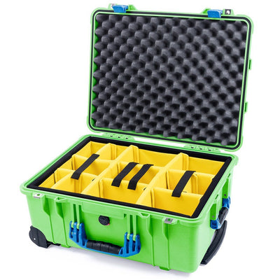 Pelican 1560 Case, Lime Green with Blue Handles & Latches Yellow Padded Microfiber Dividers with Convolute Lid Foam ColorCase 015600-0010-300-120