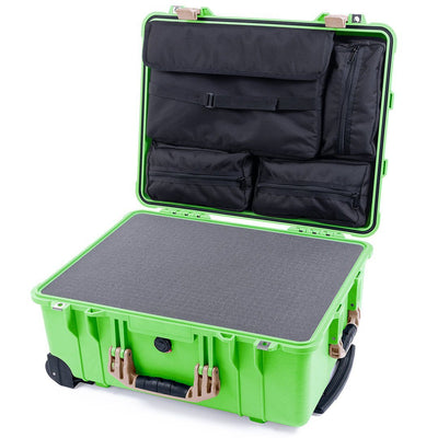 Pelican 1560 Case, Lime Green with Desert Tan Handles & Latches Pick & Pluck Foam with Computer Pouch ColorCase 015600-0201-310-130