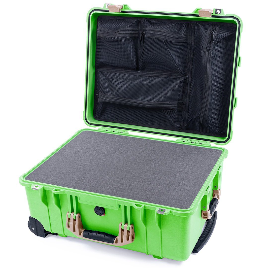 Pelican 1560 Case, Lime Green with Desert Tan Handles & Latches Pick & Pluck Foam with Mesh Lid Organizer ColorCase 015600-0101-310-130