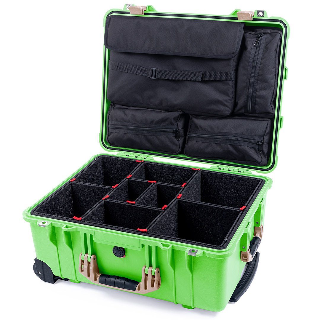Pelican 1560 Case, Lime Green with Desert Tan Handles &amp; Latches TrekPak Divider System with Computer Pouch ColorCase 015600-0220-310-130