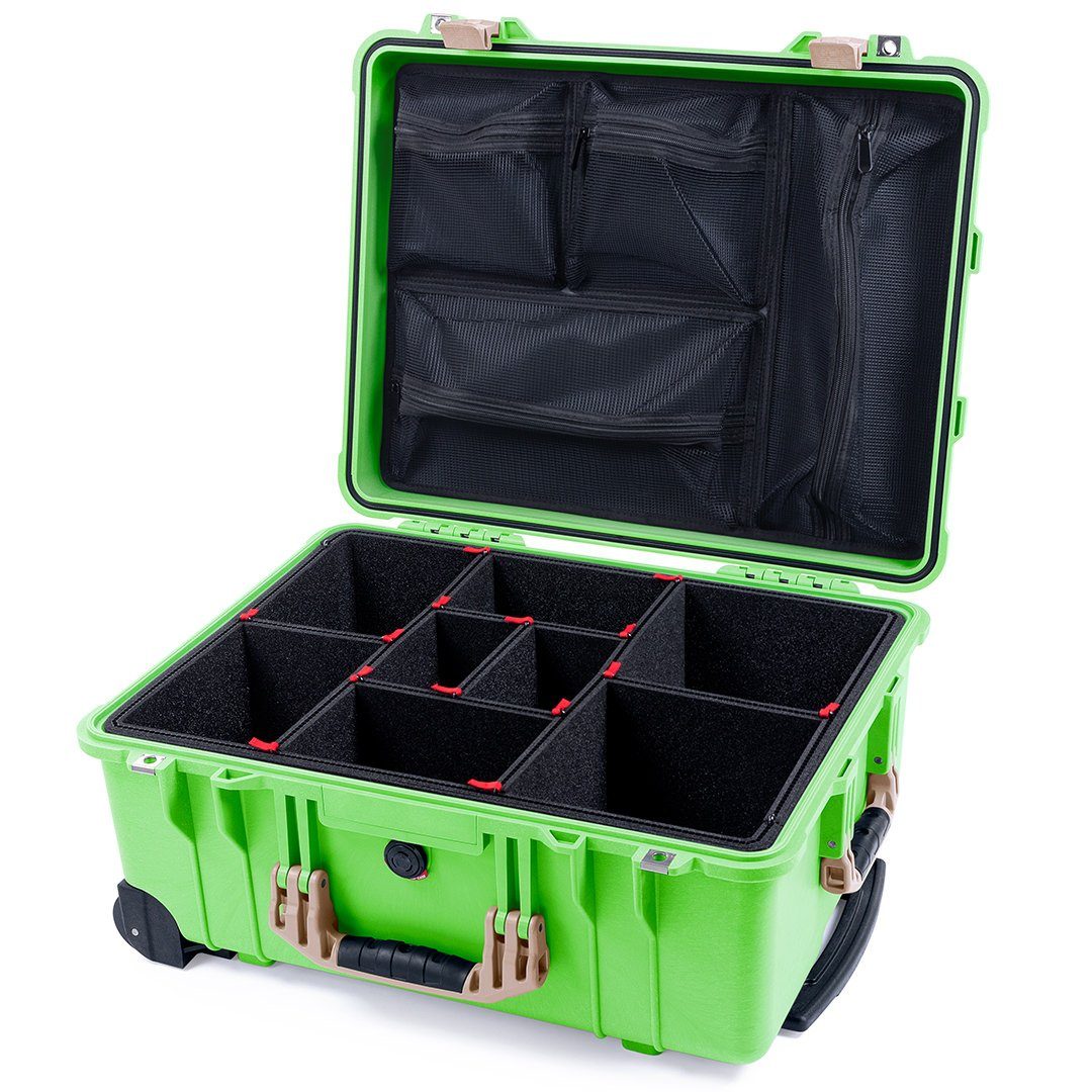 Pelican 1560 Case, Lime Green with Desert Tan Handles &amp; Latches TrekPak Divider System with Mesh Lid Organizer ColorCase 015600-0120-310-130