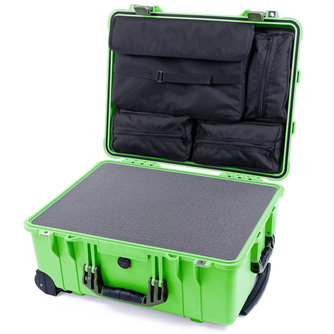 Pelican 1560 Case, Lime Green with OD Green Handles &amp; Latches Pick &amp; Pluck Foam with Computer Pouch ColorCase 015600-0201-300-130