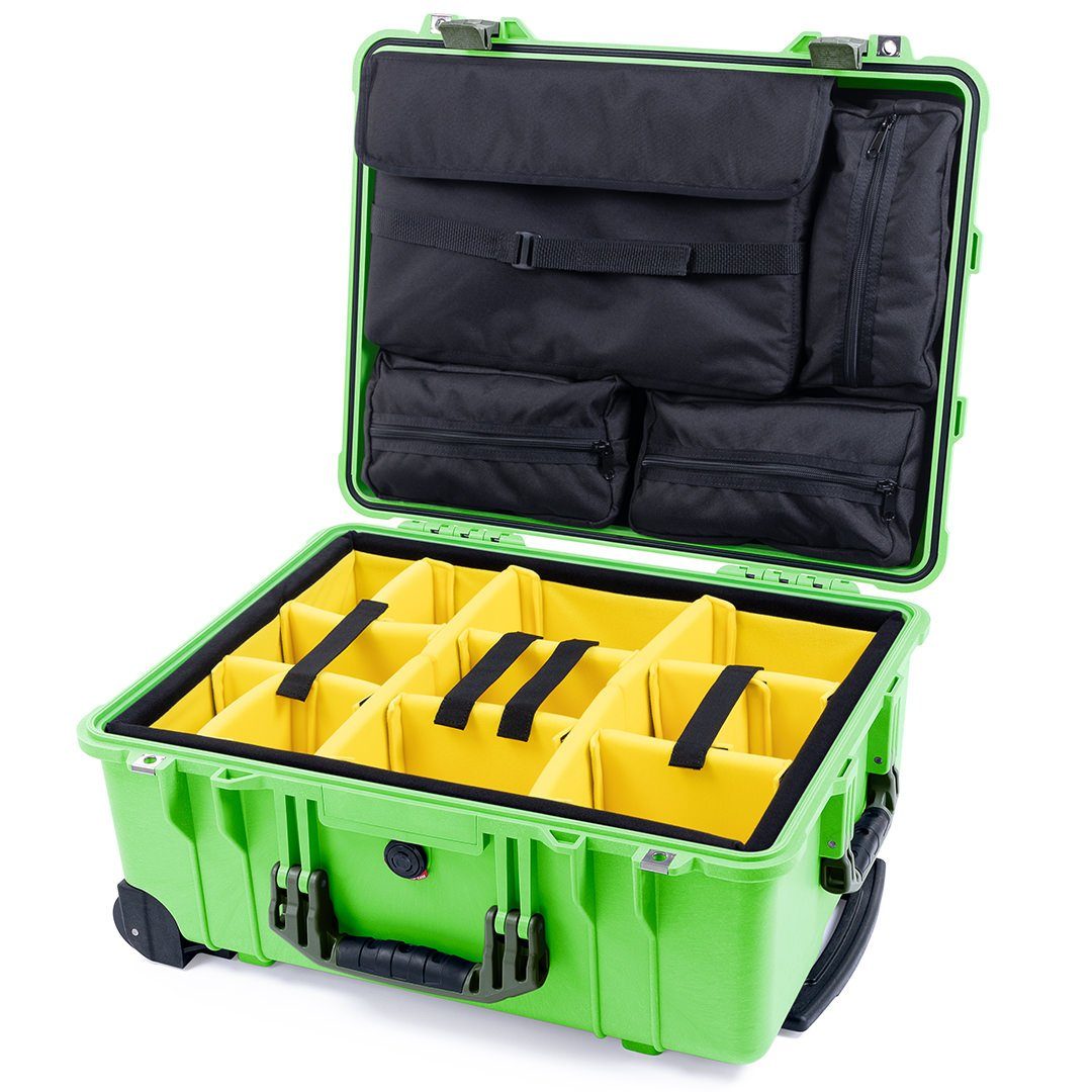 Pelican 1560 Case, Lime Green with OD Green Handles &amp; Latches Yellow Padded Microfiber Dividers with Computer Pouch ColorCase 015600-0210-300-130