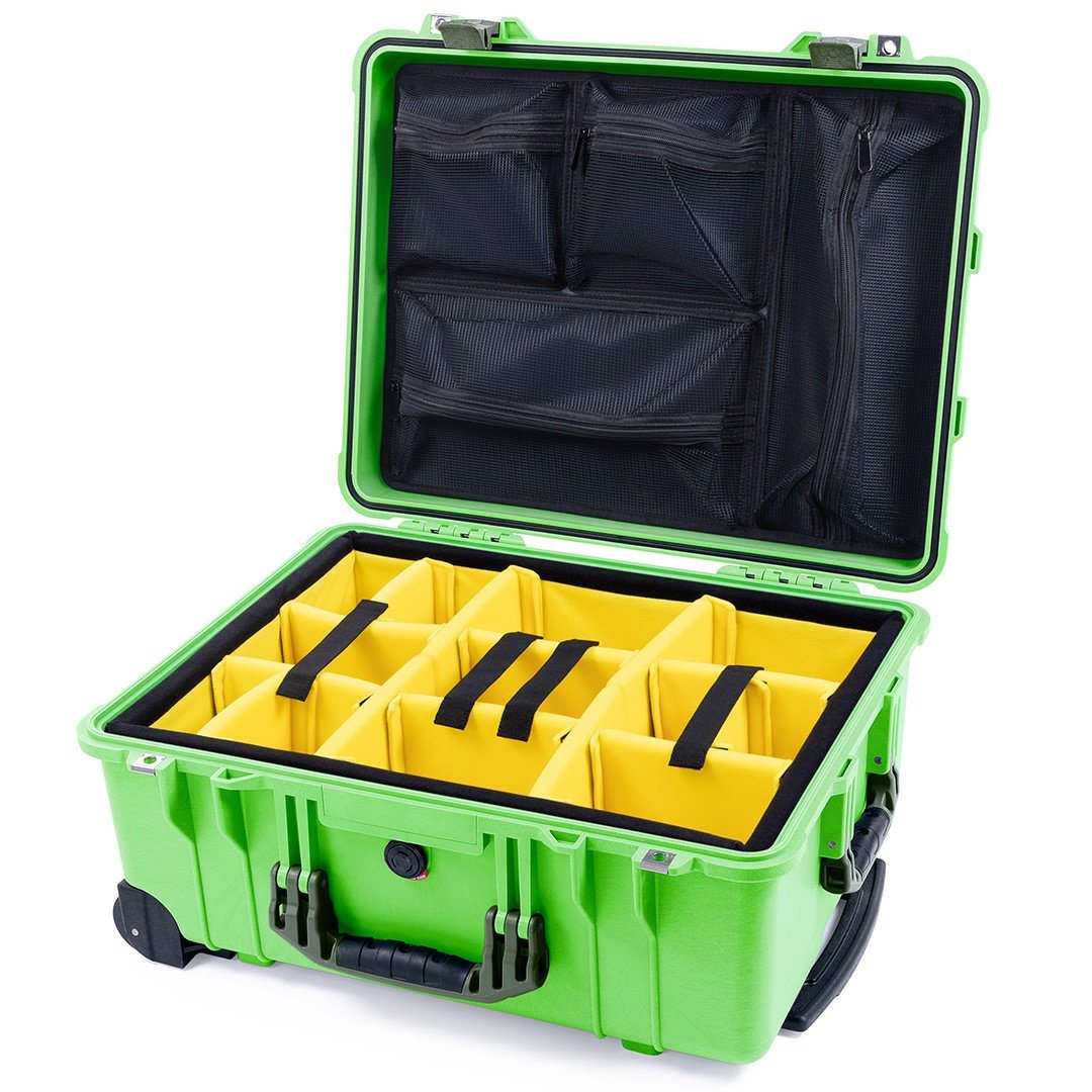 Pelican 1560 Case, Lime Green with OD Green Handles & Latches Yellow Padded Microfiber Dividers with Mesh Lid Organizer ColorCase 015600-0110-300-130