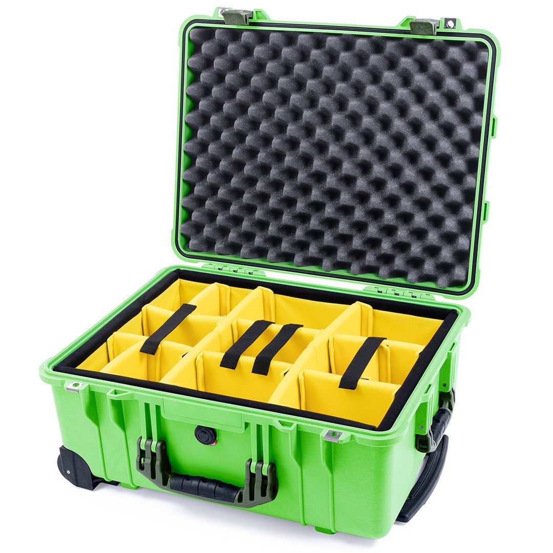 Pelican 1560 Case, Lime Green with OD Green Handles &amp; Latches Yellow Padded Microfiber Dividers with Convolute Lid Foam ColorCase 015600-0010-300-130