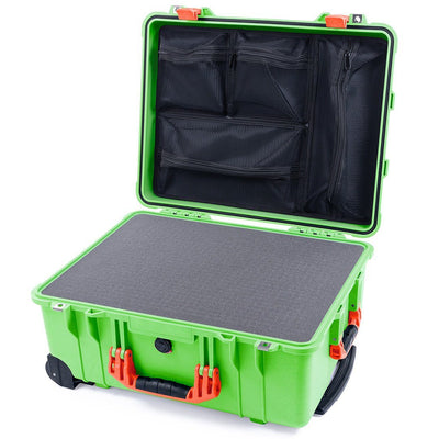 Pelican 1560 Case, Lime Green with Orange Handles & Latches Pick & Pluck Foam with Mesh Lid Organizer ColorCase 015600-0101-300-150